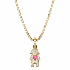 Colar Cravejado com Pingente Menina e Coração Rosa