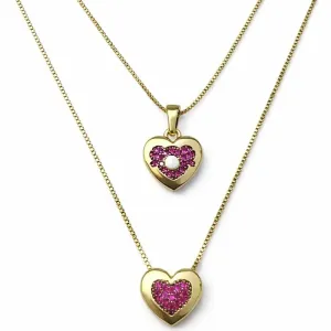 Colar Duplo Coração Cravejado Rosa