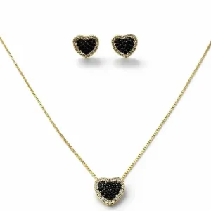 Conjunto Coração Cravejado com Pedras Negras  Dourado