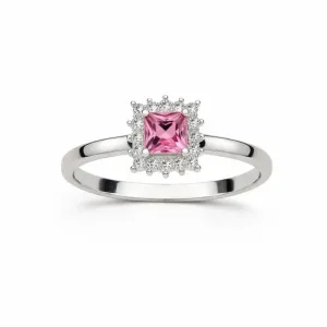 Anel em Prata 925 com Pedra Rosa e Detalhes Cravejados