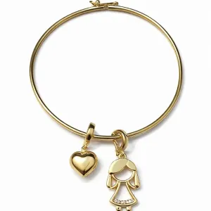 Bracelete com Pingente de Menina e Coração  Dourado.