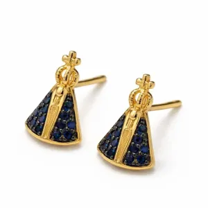 Brinco Nossa Senhora com Zircônias Azul Escuro.