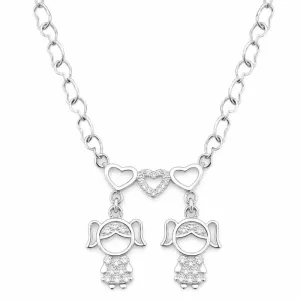 Colar com Meninas e Corações em Ródio Branco