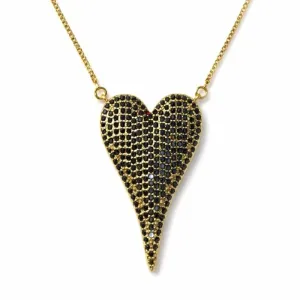 Colar Coração Alongado Cravejado com Zircônias Pretas.