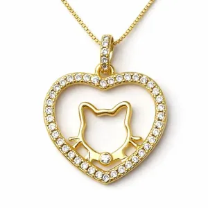 Colar Coração com Gatinho Cravejado