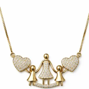 Colar Mãe com Duas Meninas e Corações Cravejados.
