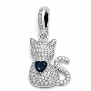 Pingente Gatinho em Prata 925 com Coração Azul