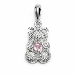 Pingente Ursinho em Prata 925 com Coração Rosa