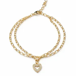 Pulseira Dupla com Pingente de Coração Cravejado.
