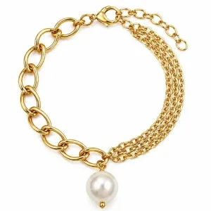 Pulseira Elo Português com 3 Correntes e Pérola.