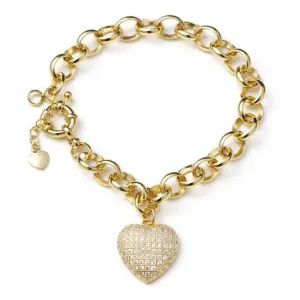 Pulseira Elo Português com Pingente de Coração Cravejado