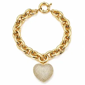 Pulseira Elo Português Grande Com Coração Cravejado Cristal.