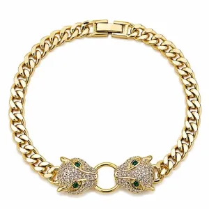 Pulseira Feminina Duas Onças Cravejadas Banhada a Ouro.