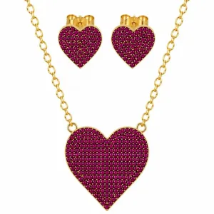 Conjunto Coração Cravejado Rosa Escuro Banhado a Ouro 18k.