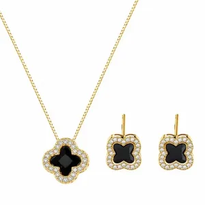 Conjunto Trevo Preto Cravejado  Colar e Brincos.