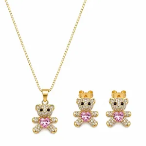 Conjunto Ursinho com Coração Rosa Claro Banhado a Ouro 18k