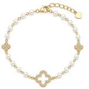 Pulseira Pérolas com Trevo Cravejado Banhada a Ouro 18k.