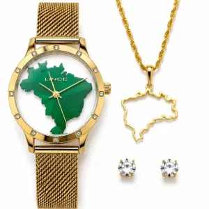 Relógio Lince Feminino com Conjunto Folhado Mapa do Brasil.