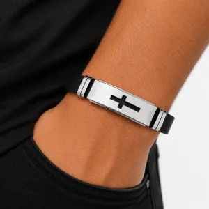 Pulseira Masculina Cruz em Aço Inoxidável e Silicone.