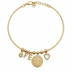 Pulseira Bracelete Fé com Medalha e Coração Cravejado