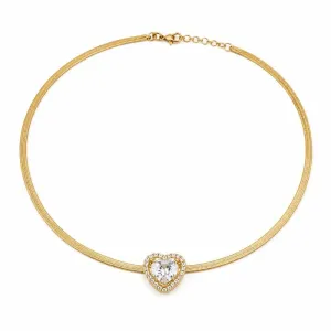 Colar Choker Malha Achatada com Coração Cravejado