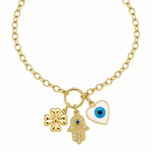 Pulseira com Pingentes Trevo, Mão de Fátima e Olho Grego