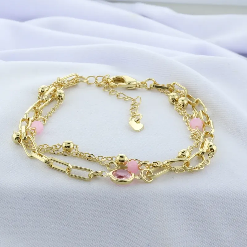 PULSEIRA TRIPLA PEDRAS ROSA