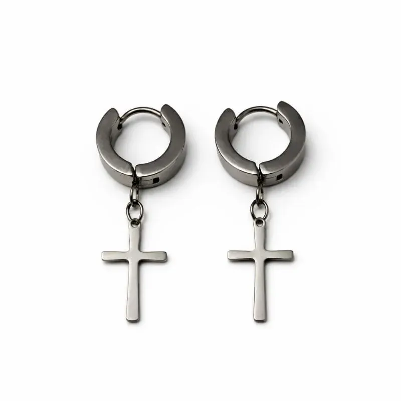 Brinco Argola com Cruz em Aço