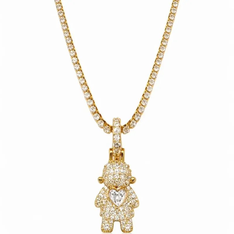 Colar Cravejado com Pingente Menina e Coração Cristal