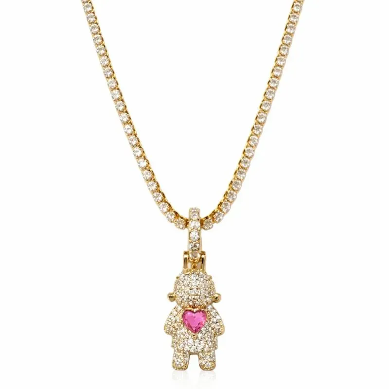 Colar Cravejado com Pingente Menina e Coração Rosa