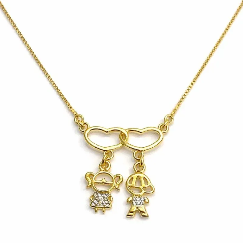 Colar Dois Corações com Pingentes de Filhos Casal