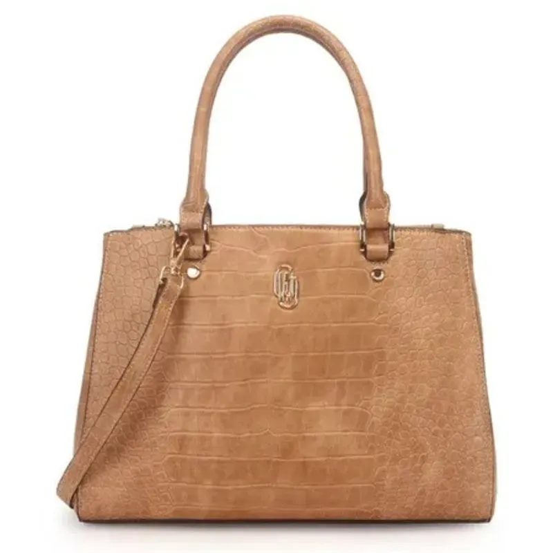 Bolsa Satchel Grande Estruturada Croco WJ - Caramelo