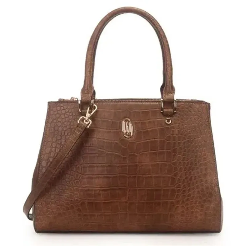 Bolsa Satchel Grande Estruturada Croco WJ - Marrom