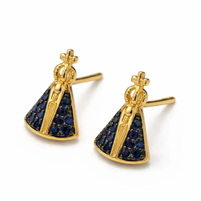 Brinco Nossa Senhora com Zircônias Azul Escuro.