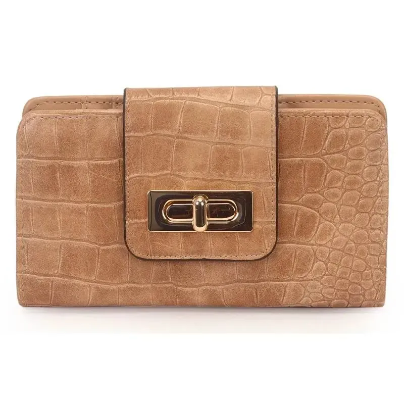 Carteira Média Croco com Fecho Caramelo
