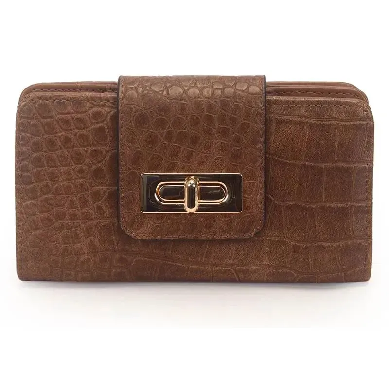 Carteira Média Croco com Fecho Marrom