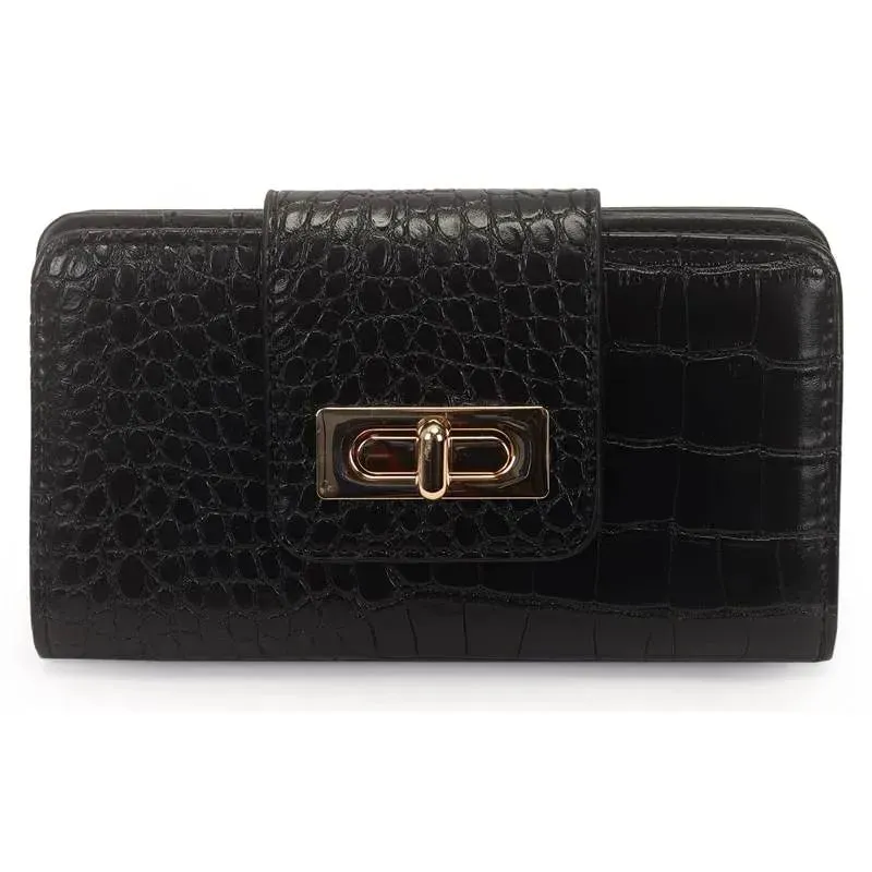 Carteira Média Croco com Fecho Preta