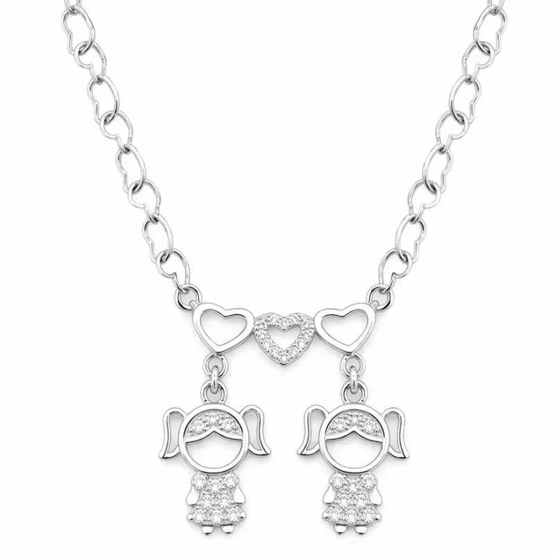 Colar com Meninas e Corações em Ródio Branco