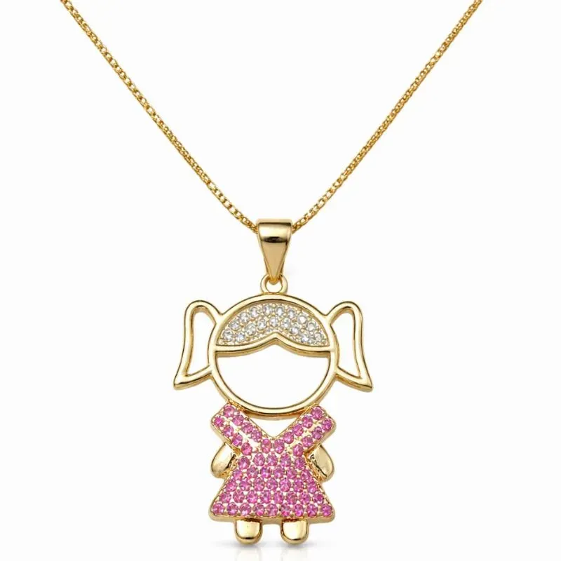 Colar Menina com Vestido Rosa Cravejado.