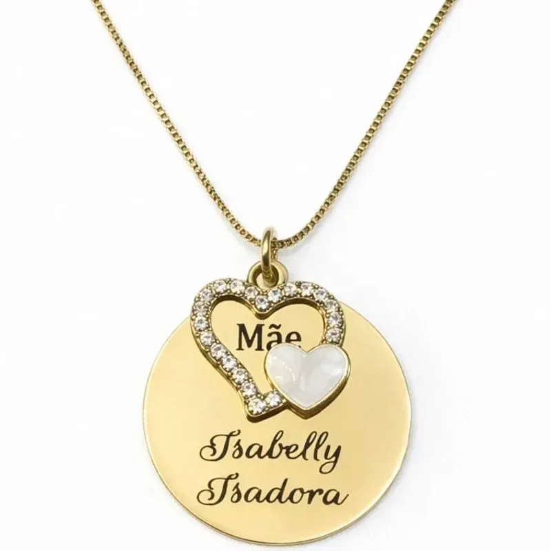 Colar Personalizado Medalha 2,5cm com 2 Nomes e Coração Mãe.