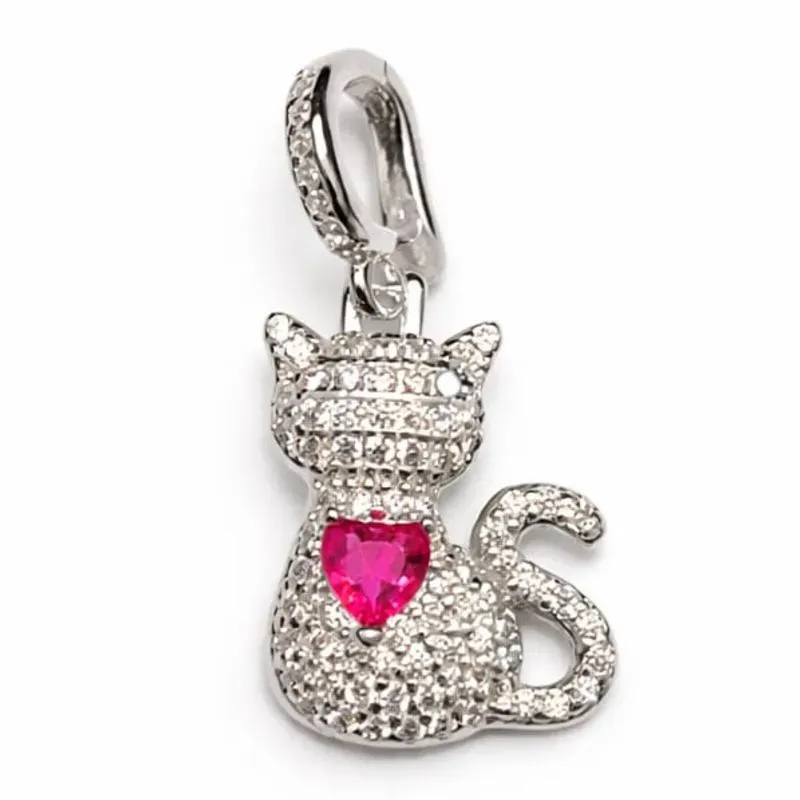 Pingente Gatinho Cravejado com Coração Rosa em Prata 925