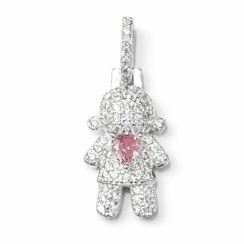 Pingente Menina com Coração Rosa em Prata 925 (Pequeno)