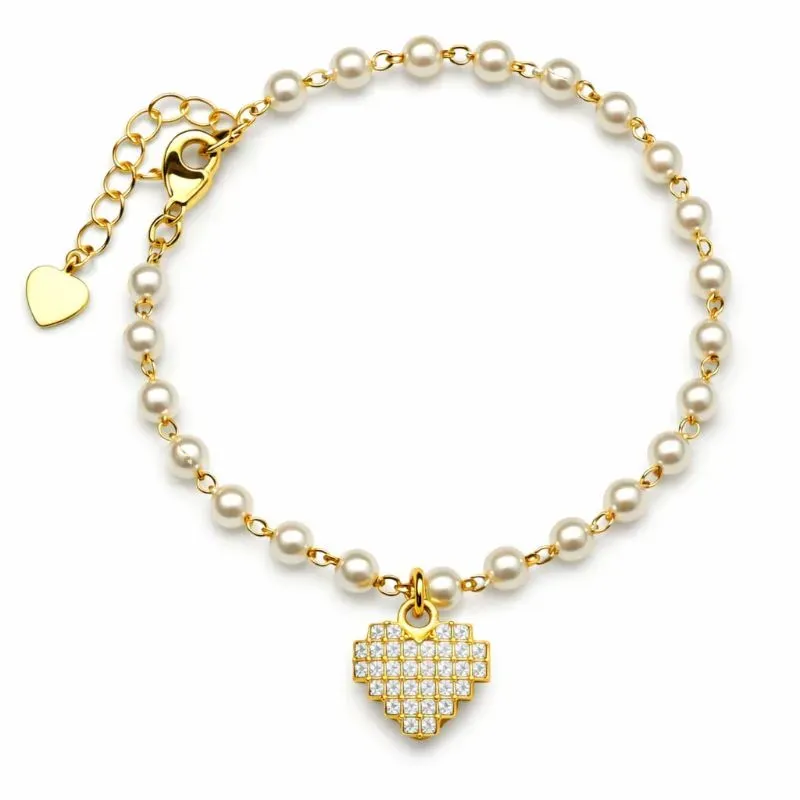 Pulseira de Pérolas com Coração Cravejado