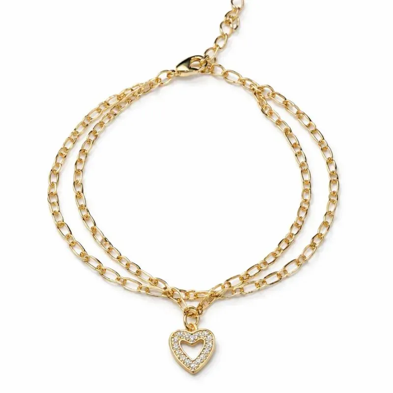 Pulseira Dupla com Pingente de Coração Cravejado.