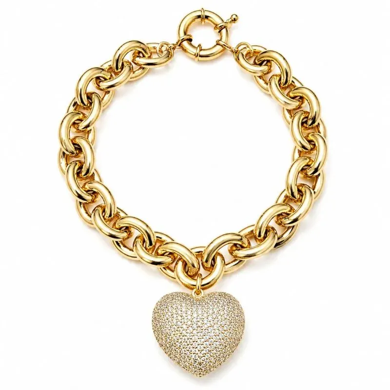 Pulseira Elo Português Grande Com Coração Cravejado Cristal.