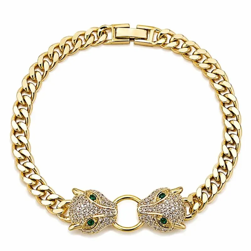 Pulseira Feminina Duas Onças Cravejadas Banhada a Ouro.