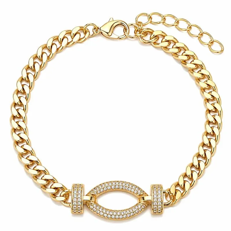 Pulseira Feminina Elo Groumet com Zircônias Banhada a Ouro.