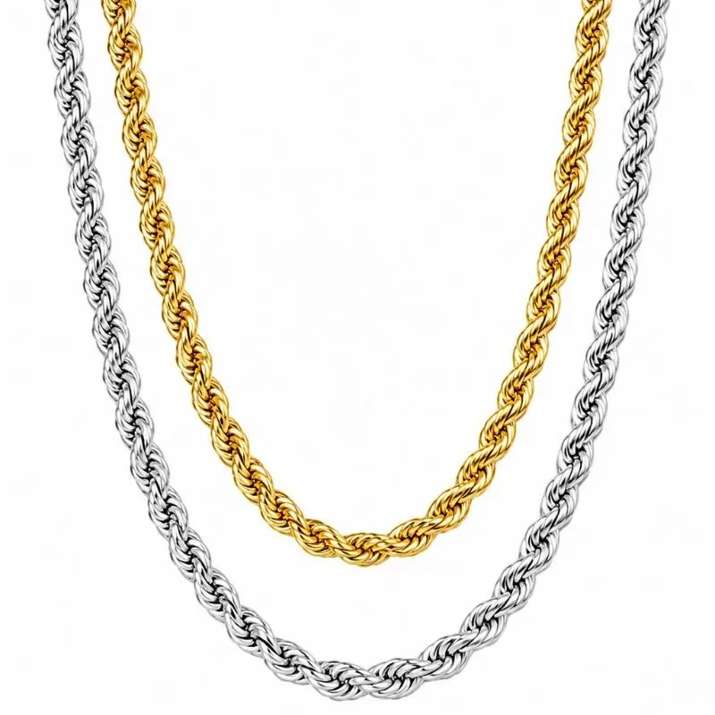 Colar Duplo Cordão Baiano em Ródio e Dourado 45cm