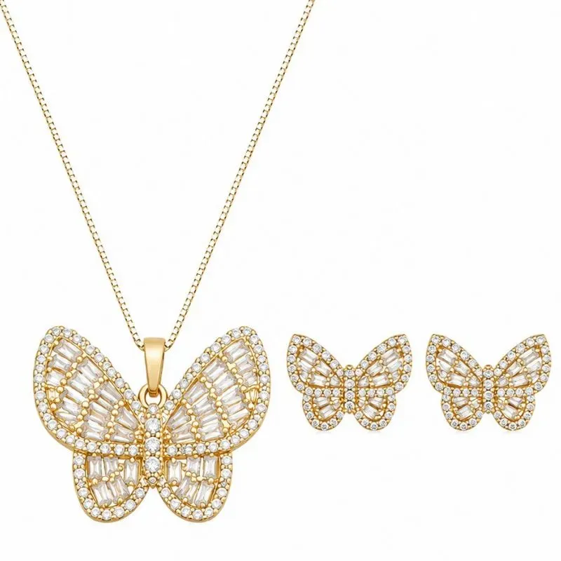 Conjunto Borboleta Cravejada  Colar e Brincos.