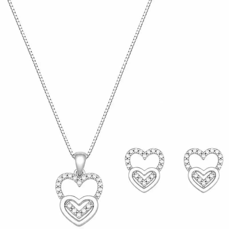 Conjunto Corações Cravejados  Prata 925.